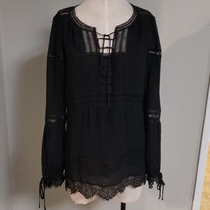 Black Lace-Trim Peasant/Boho Blouse
